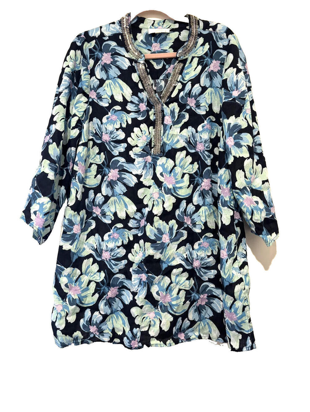 Charter club sz‎ XL blue floral all linen embellished tunic v neck blouse #3505